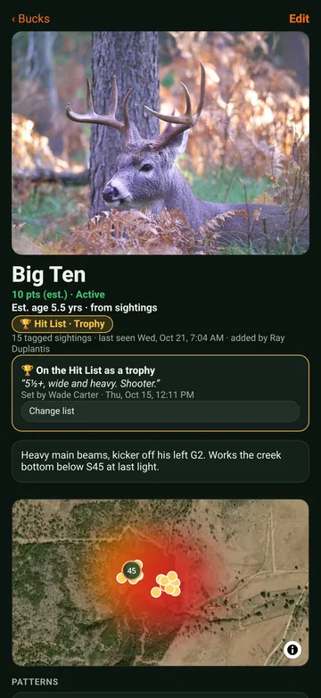 Buck profile for Big Ten with a photo, age estimate, hit list status and a map of where he's been seen