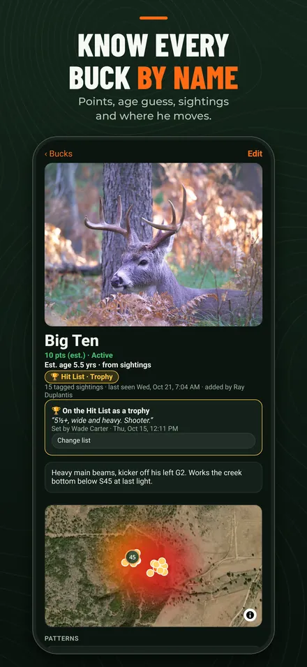 Buck profile with points, age guess, sightings and where he moves