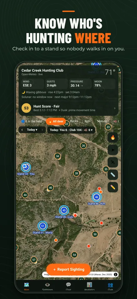 Lease map showing which members are checked in to which stands